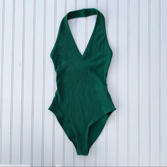 Forever 21 Tops - Forever 21 Forest Green Ribbed Halter neck bodysuit size small